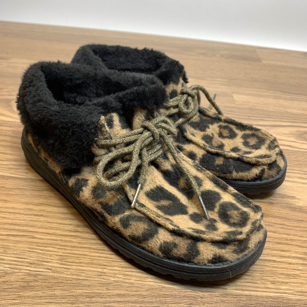 Hey Dude Britt Shoes Women 7 Leo Nut Brown Faux Fur Lined Slip On Loafer Comfort